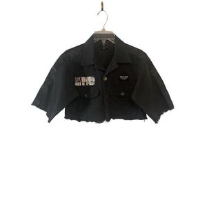 LF The Brand Women’s Black CARGO 8749 Graphic Cropped Distressed Jacket Size XS